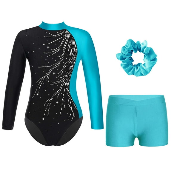 Aiihoo Kids Girls Sparkle Long Sleeve Tumbling Leotard Gymnastics Ballet Dance Bodysuit Jumpsuit with Hairband Set Lake Blue 6
