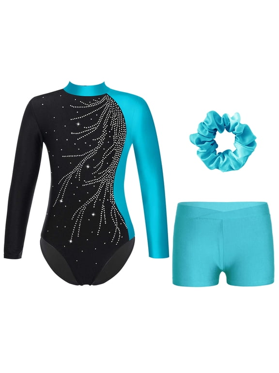Kids Girls Sparkle Long Sleeve Tumbling Leotard Gymnastics Ballet Dance Bodysuit Jumpsuit with Hairband Set Lake Blue 6