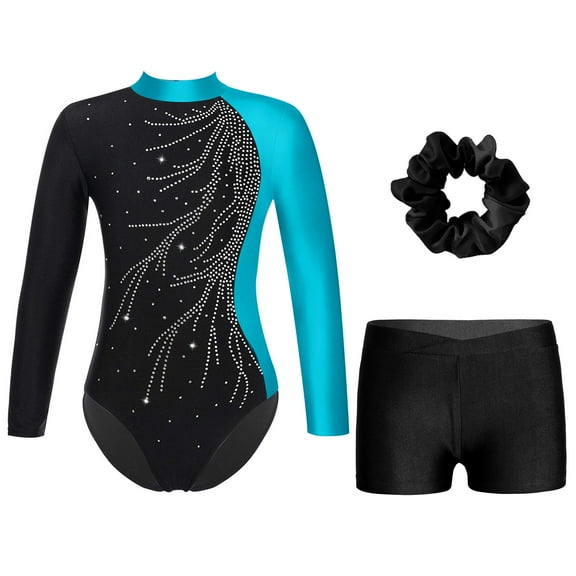 Aiihoo Kids Girls Sparkle Long Sleeve Tumbling Leotard Gymnastics Ballet Dance Bodysuit Jumpsuit with Hairband Set Lake Blue&Black 6