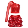 thumbnail image 1 of Aiihoo Kids Girls Sparkly 2 Piece Jazz Latin Dance Outfit Sequin One Shoulder Long Sleeve Crop Top with Ruffle Tiered Tutu Skirt Red 8, 1 of 6