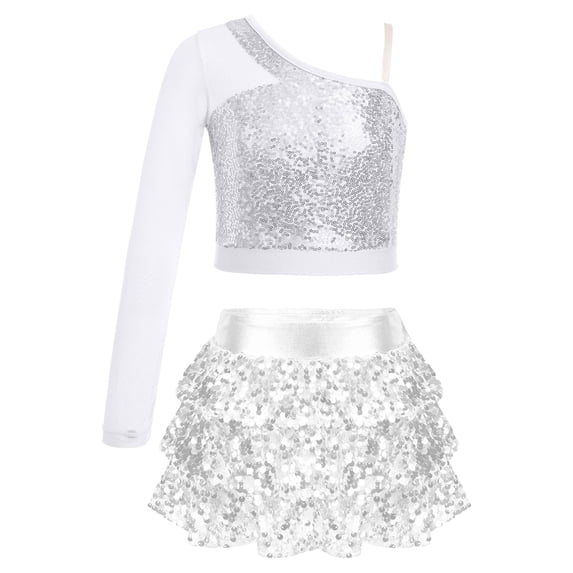 Aiihoo Kids Girls Sparkly 2 Piece Jazz Latin Dance Outfit Sequin One Shoulder Long Sleeve Crop Top with Ruffle Tiered Tutu Skirt Silver 16