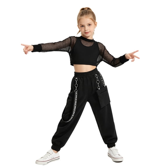 Aiihoo Kids Girls Sports Gymnastics Workout Hip-hop Jazz Outfits Sleeveless Vest with Cargo Pants and Crop Top for Dance Performance Black 8