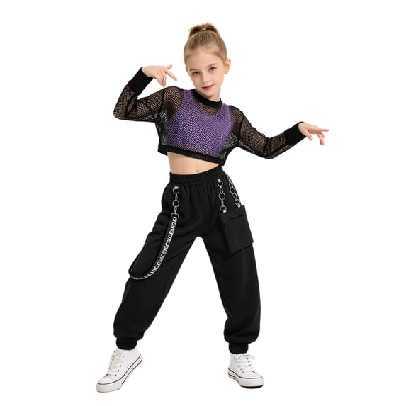 Aiihoo Kids Girls Sports Gymnastics Workout Hip-hop Jazz Outfits Sleeveless Vest with Cargo Pants and Crop Top for Dance Performance Lavender 10