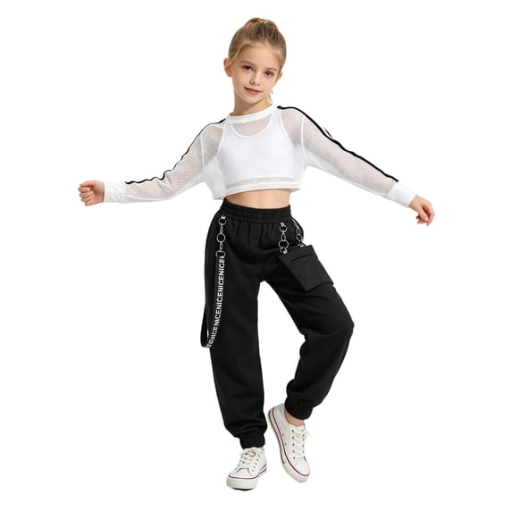 Aiihoo Kids Girls Sports Gymnastics Workout Hip-hop Jazz Outfits Sleeveless Vest with Cargo Pants and Crop Top for Dance Performance White 6