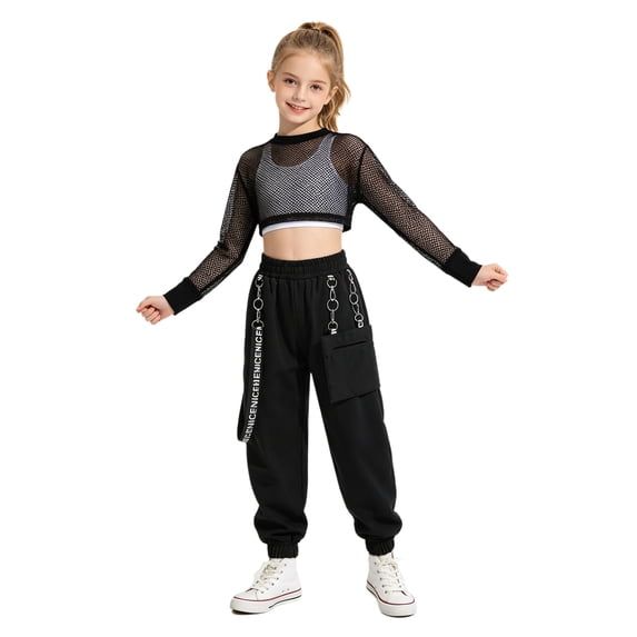 Aiihoo Kids Girls Sports Gymnastics Workout Hip-hop Jazz Outfits Sleeveless Vest with Cargo Pants and Crop Top for Dance Performance White Black 12
