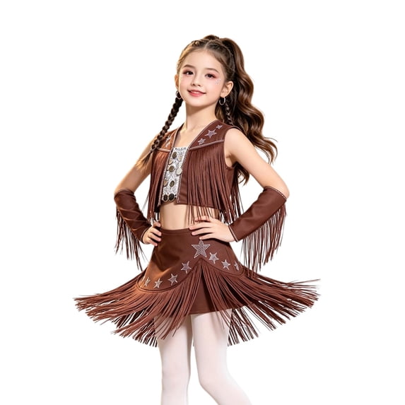 Aiihoo Kids Girls Tassel Jazz Dance Outfits Fringe Sequin Tops Skirt with Built-in Shorts And Oversleeves Western Cowgirl Wear Brown 14