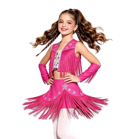 Aiihoo Kids Girls Tassel Jazz Dance Outfits Fringe Sequin Tops Skirt with Built-in Shorts And Oversleeves Western Cowgirl Wear Hot Pink 14