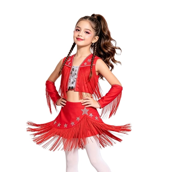 Aiihoo Kids Girls Tassel Jazz Dance Outfits Fringe Sequin Tops Skirt with Built-in Shorts And Oversleeves Western Cowgirl Wear Red 10