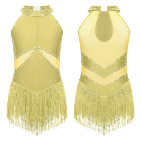 Aiihoo Kids Girls Tassel Latin Dance Dress Gymnastics Leotard Tutu Skirt Jazz Samba Salsa Figure Skating Performance Yellow 14