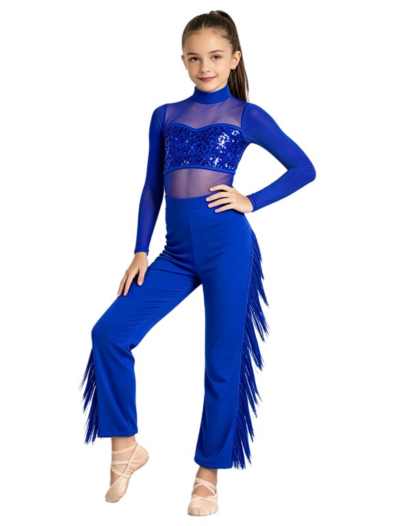 Kids Girls Tassels Latin Jazz Dance Tango Chacha Salsa Jumpsuit Ballroom Modern Dancewear Long Sleeve Mesh Sequin Bodice Rompers Blue 6