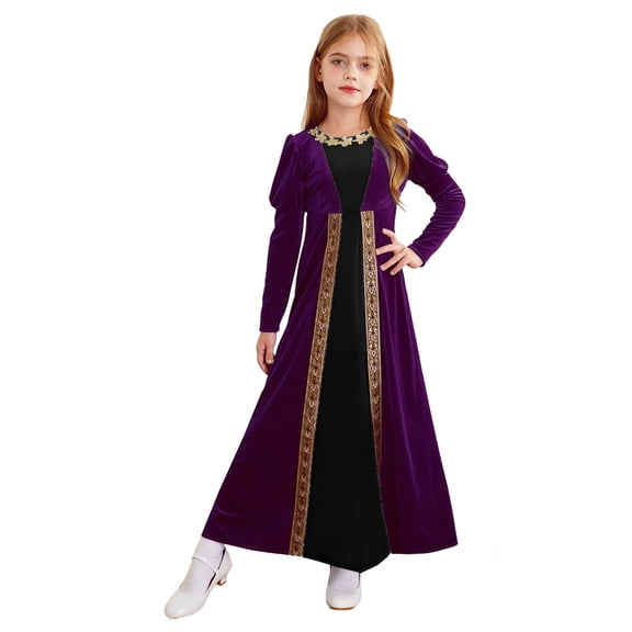 Aiihoo Kids Medieval Princess Retro Velvet Long Dress Girls Ancient Roman Robe Gown Renaissance Dance Dress Purple 6