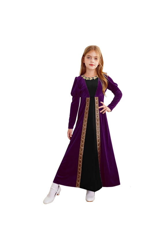 Kids Medieval Princess Retro Velvet Long Dress Girls Ancient Roman Robe Gown Renaissance Dance Dress Purple 6