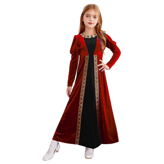 Aiihoo Kids Medieval Princess Retro Velvet Long Dress Girls Ancient Roman Robe Gown Renaissance Dance Dress Red 6