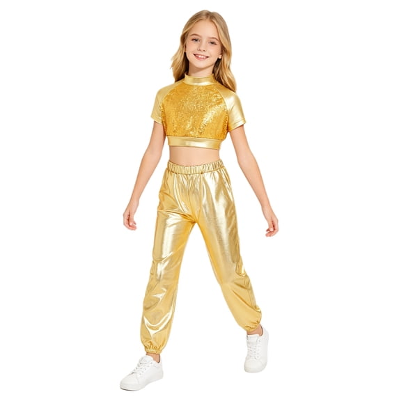 Aiihoo Kids Modern Jazz Dance Party Sets Girls Short Sleeve Metallic Shiny T-shirt Crop Tops with Pants Outfits Gold 6