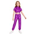 thumbnail image 1 of Aiihoo Kids Modern Jazz Dance Party Sets Girls Short Sleeve Metallic Shiny T-shirt Crop Tops with Pants Outfits Purple 10, 1 of 7