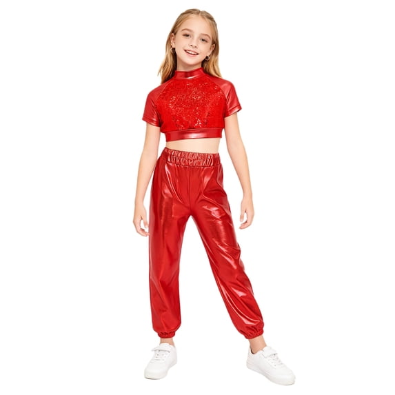 Aiihoo Kids Modern Jazz Dance Party Sets Girls Short Sleeve Metallic Shiny T-shirt Crop Tops with Pants Outfits Red 10