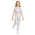 thumbnail image 1 of Aiihoo Kids Modern Jazz Dance Party Sets Girls Short Sleeve Metallic Shiny T-shirt Crop Tops with Pants Outfits Silver 6, 1 of 7