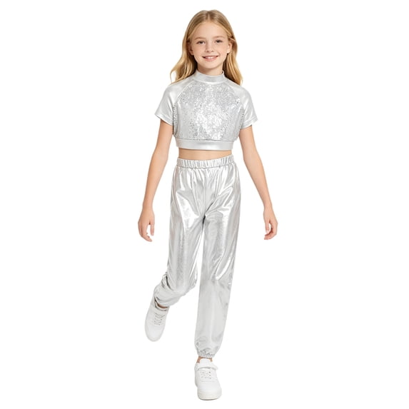 Aiihoo Kids Modern Jazz Dance Party Sets Girls Short Sleeve Metallic Shiny T-shirt Crop Tops with Pants Outfits Silver 6