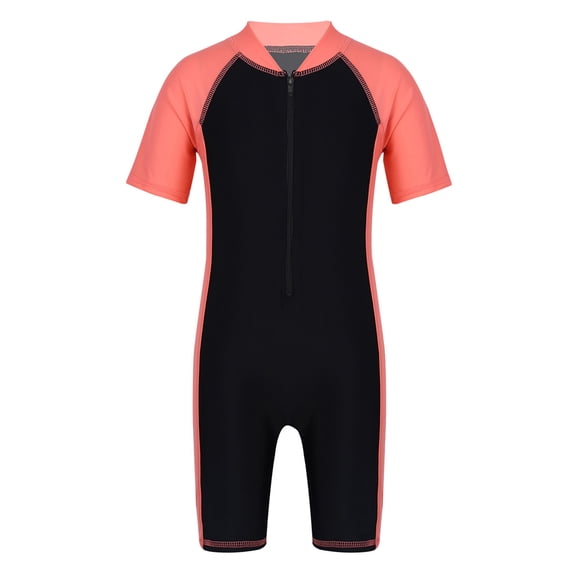 Aiihoo Kids One-piece Rash Guard Swimsuit Short Sleeves Zippered Shorty Wetsuit Diving Drifting Sun Protection Watermelon Red&Black 4