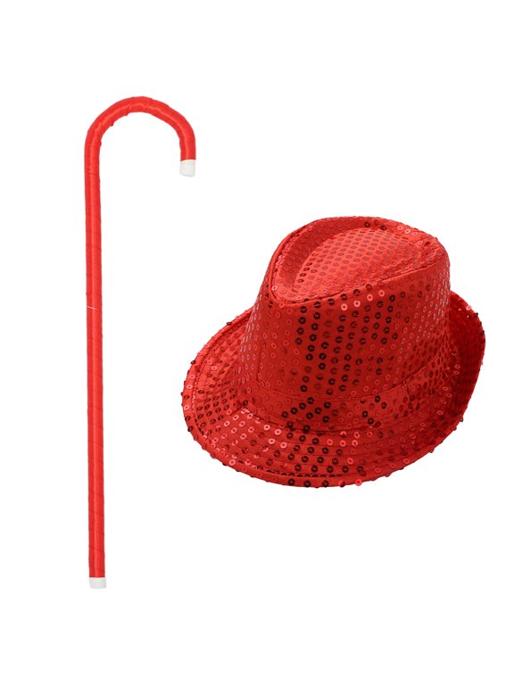 Kids Sequins Hat Dance Stick Set Shiny Fedora Hat Magic Party Hat Dance Cane Crutch Walking Stick Carnival Halloween Talent Show Props Red One Size