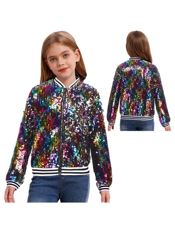 Kids Sparkly Sequin Bomber Flight Jacket Baseball Jackets Hip-hop Modern Dance Coat Tops Colorful 16