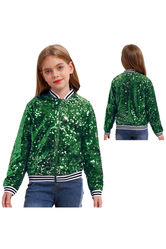 Kids Sparkly Sequin Bomber Flight Jacket Baseball Jackets Hip-hop Modern Dance Coat Tops Green 12