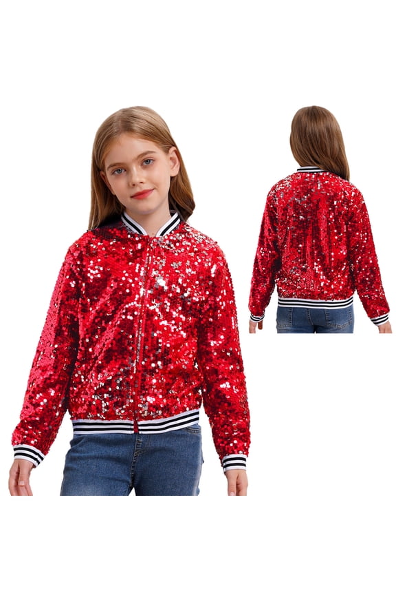 Kids Sparkly Sequin Bomber Flight Jacket Baseball Jackets Hip-hop Modern Dance Coat Tops Red 16