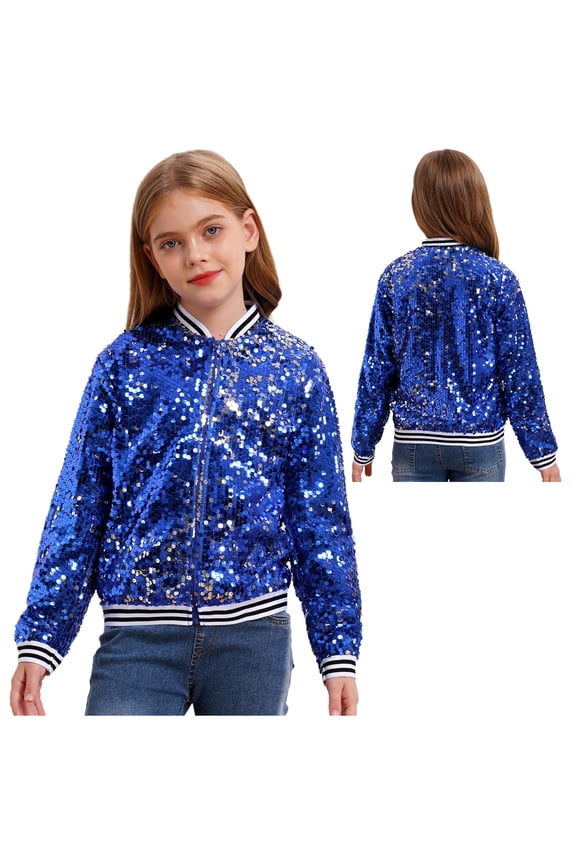 Kids Sparkly Sequin Bomber Flight Jacket Baseball Jackets Hip-hop Modern Dance Coat Tops Royal Blue 14