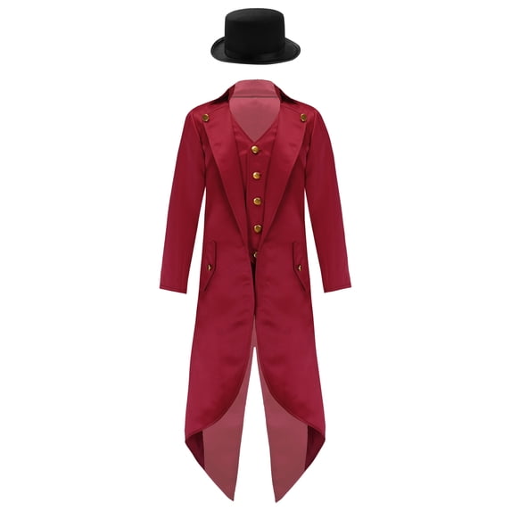 Aiihoo Kids Tailcoat Jacket Medieval Steampunk Frock Coat with Felt Top Hat Gentleman Outfit Burgundy 16