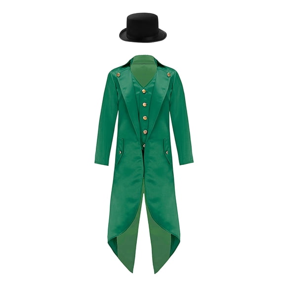 Aiihoo Kids Tailcoat Jacket Medieval Steampunk Frock Coat with Felt Top Hat Gentleman Outfit Dark Green 10