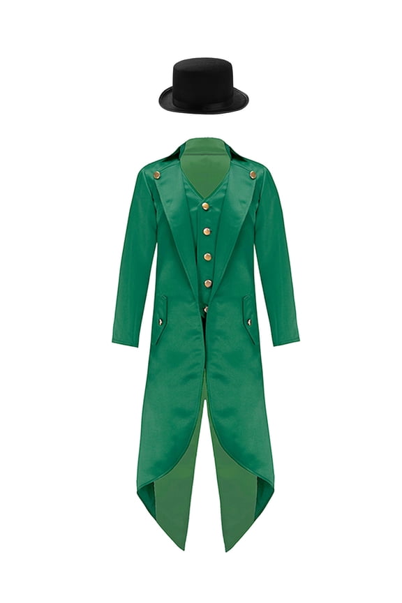 Kids Tailcoat Jacket Medieval Steampunk Frock Coat with Felt Top Hat Gentleman Outfit Dark Green 6