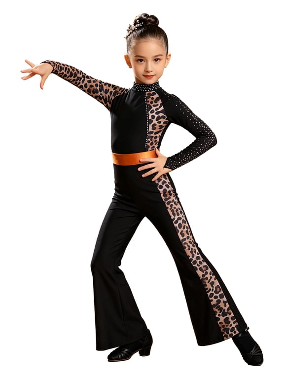 Leopard Latin Dance Jumpsuit Girls Long Sleeves Leotard Latin Tops Ballroom Dance Performance Wear Cha Cha Bodysuit Clothing Black 6