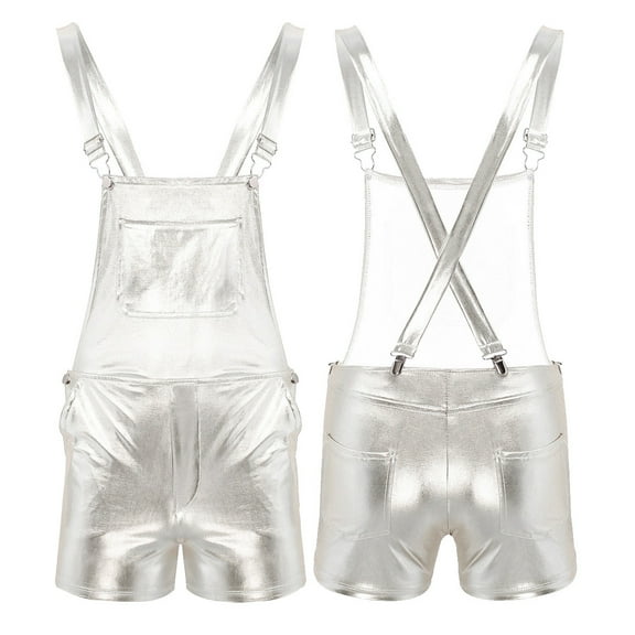 Aiihoo Men Bib Overalls Shiny Metallic Suspender Shorts Bodysuit Jumpers Hotpants Silver 3XL