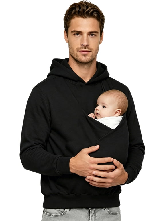 Men Dad And Baby Carrier Kangaroo Hoodie Front Large Pocket Hooded Sweatshirt Pullover Top for Outing Travel Cycling Sports Black L