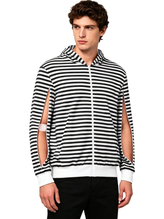 Men Dialysis Hooded Sweatshirt Full-zip Striped Hoodie Long Sleeve Arm Zipper Jacket with Pockets for Sports Outdoor Activities Black XS