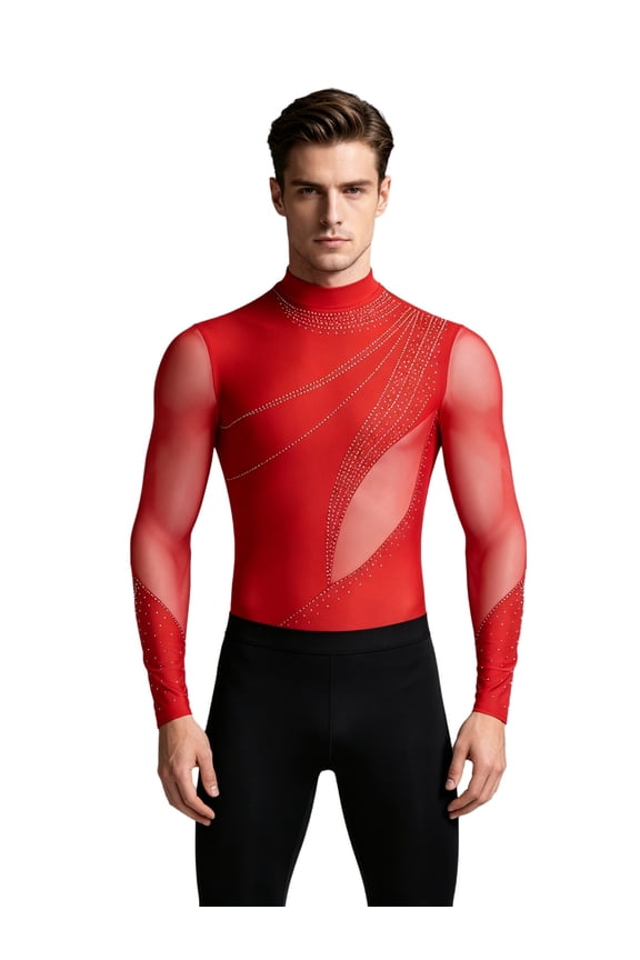 Men Gymnastics Jumpsuit Tango Chacha Latin Dance Bodysuit Shirt Top Mesh Long Sleeve Acrobatics Figure Skating Leotard Dancewear Red L
