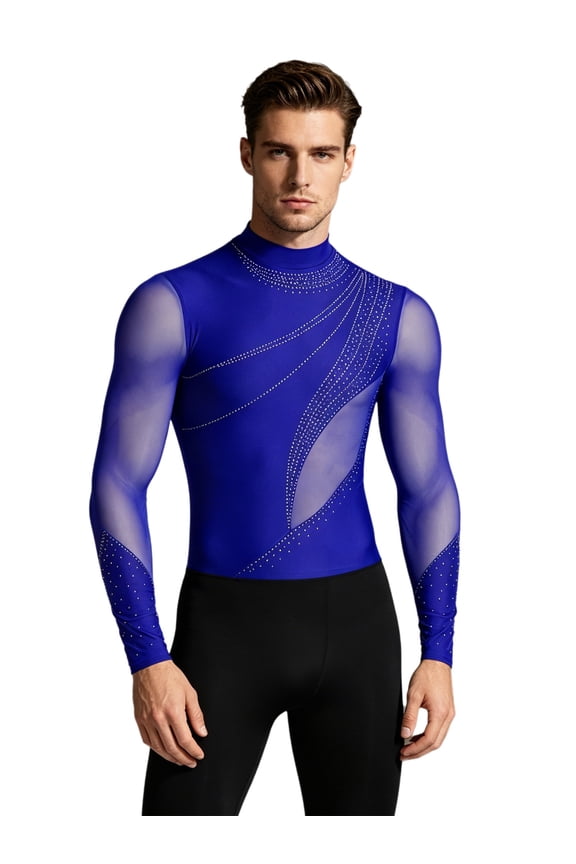Men Gymnastics Jumpsuit Tango Chacha Latin Dance Bodysuit Shirt Top Mesh Long Sleeve Acrobatics Figure Skating Leotard Dancewear Royal Blue M