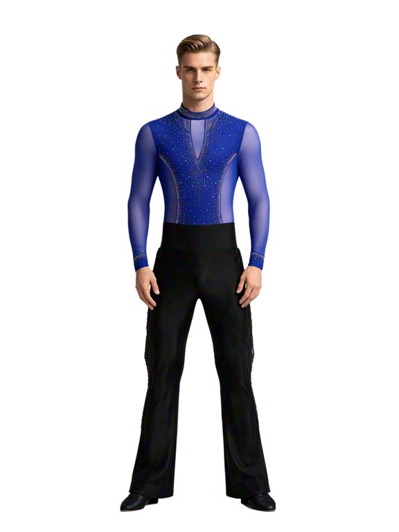Men Latin Dance Outfit Tango Chacha Dance Shirt Long Sleeve Mesh Rhinestone Leotard Bodysuit And High Waist Tassel Flared Pants Blue&Black M