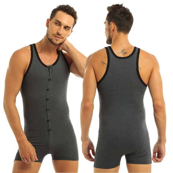 Aiihoo Men's Soft Cotton Sleeveless Front Button Teddy Bodysuit Leotard One Piece Stretchy Jumpsuit Gray M