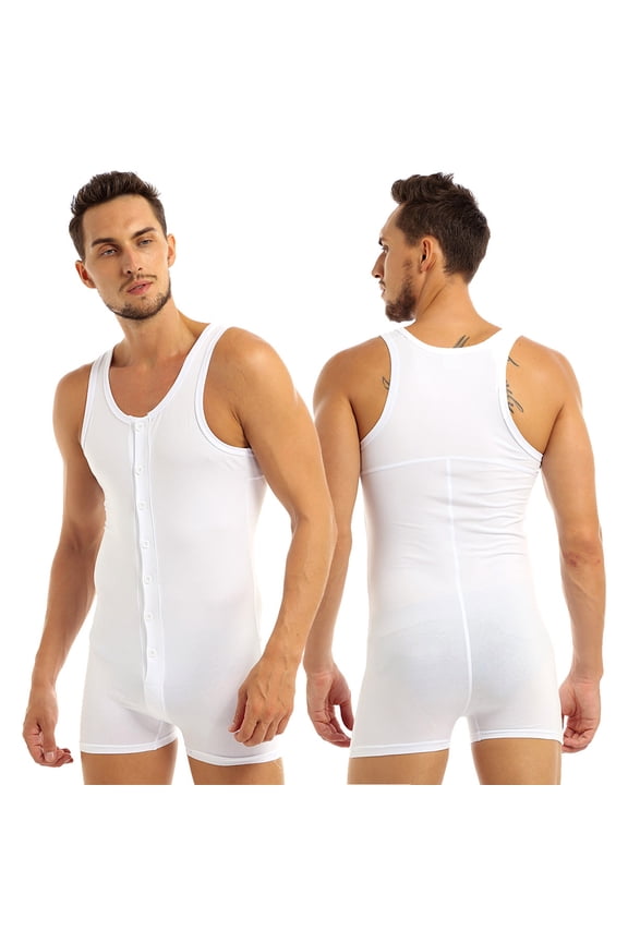 Men's Soft Cotton Sleeveless Front Button Teddy Bodysuit Leotard One Piece Stretchy Jumpsuit White M