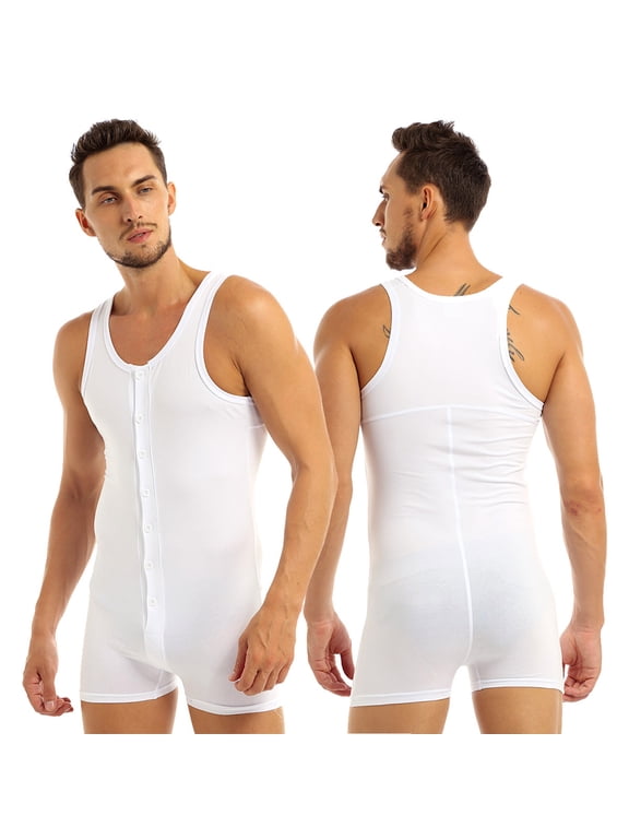 Men's Soft Cotton Sleeveless Front Button Teddy Bodysuit Leotard One Piece Stretchy Jumpsuit White XL