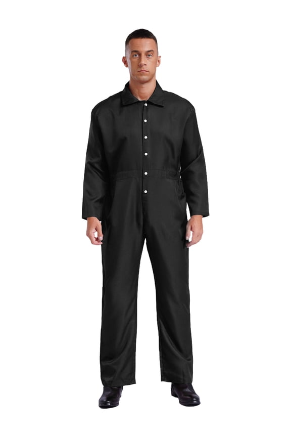 Men's Wear Resistant Coveralls Trun-Down Collar Button Up Work Overalls Workshop Uniforms Black S