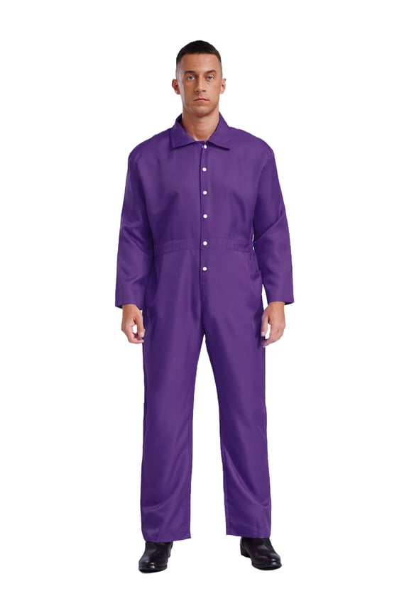 Men's Wear Resistant Coveralls Trun-Down Collar Button Up Work Overalls Workshop Uniforms Purple XXL