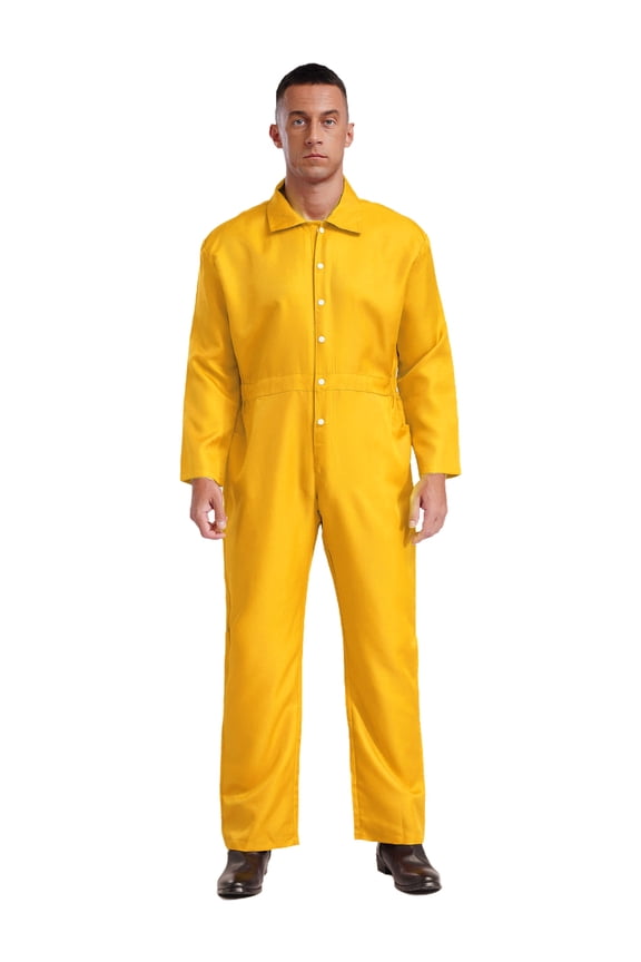 Men's Wear Resistant Coveralls Trun-Down Collar Button Up Work Overalls Workshop Uniforms Yellow L