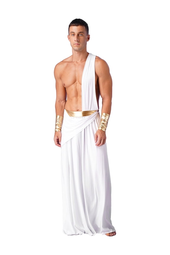 Mens Ancient Greek Long Skirt with Wristbands One Shoulder Strap Roman Toga White L