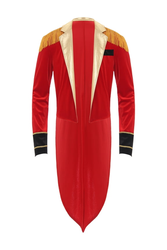 Mens Long Sleeve Metallic Lapel Formal Jacket Tailcoat Tassel Epaulet Velvet Swallow-Tailed Coat Red 3XL