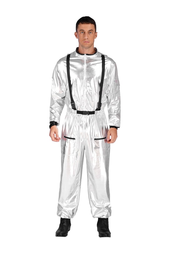 Mens Metallic Shiny Jumpsuits Mock Neck Zipper Bodysuit Astronaut Space Outfits Silver L