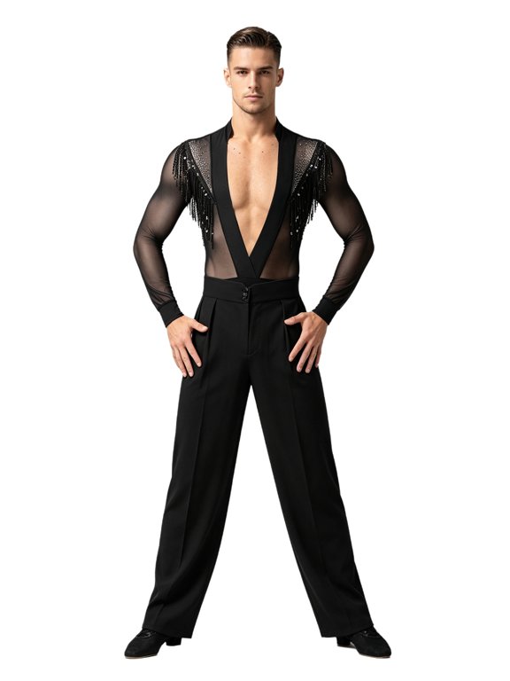 Mens Tango Latin Cha-cha Dance Outfits 2-Piece Deep V-neck Long Sleeve Sequins Tassel Mesh Bodysuit High Waist Dance Pants Set Black S