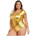 thumbnail image 1 of Aiihoo Plus Size Shiny Metallic Bodysuit for Women Short Sleeve Scoop Neck Glossy Leotards Gold 3XL, 1 of 7