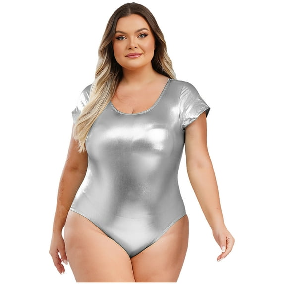 Aiihoo Plus Size Shiny Metallic Bodysuit for Women Short Sleeve Scoop Neck Glossy Leotards Silver XL